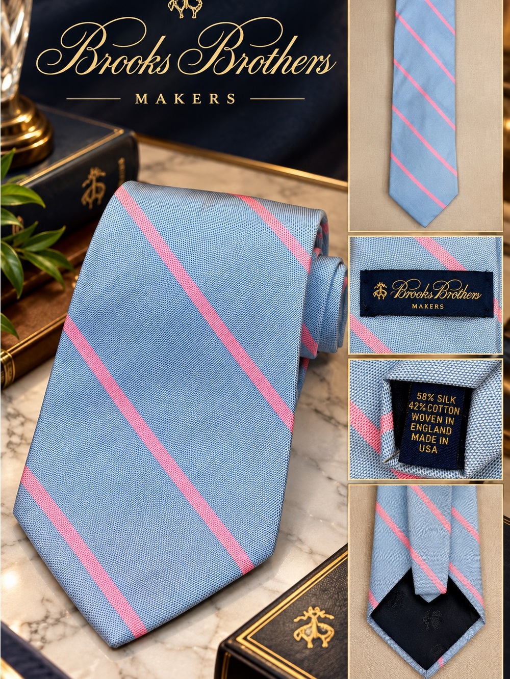 Brooks Brothers Light Blue with Pink Stripe Silk-Cotton Tie